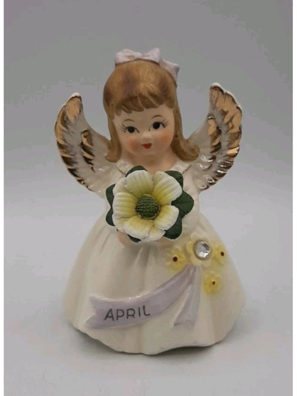 Vintage Lefton Birthday Angel Girl April With A Faux Diamond Stone Wings Japan
